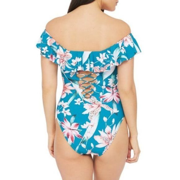 LA BLANCA Off Shoulder Flyaway Orchid Floral Print One Piece Swimsuit 16 NEW - Picture 2 of 7